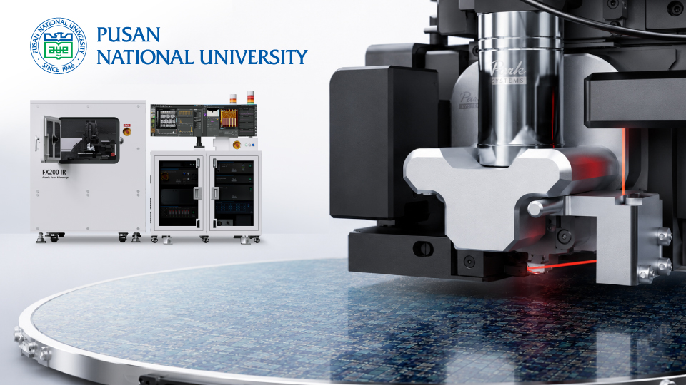Pusan National University and Park FX200 IR are shown on the left, with a Nano-IR system and a large wafer on the right.