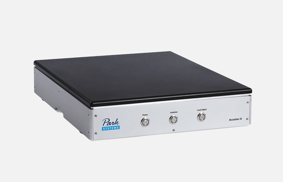 Park Systems Accurion i4 Active Vibration Isolation Desktop Unit with low-profile carbon design, automatic load adjustment, steel support frame, acoustic enclosure, and top plate with metric and imperial mounting holes