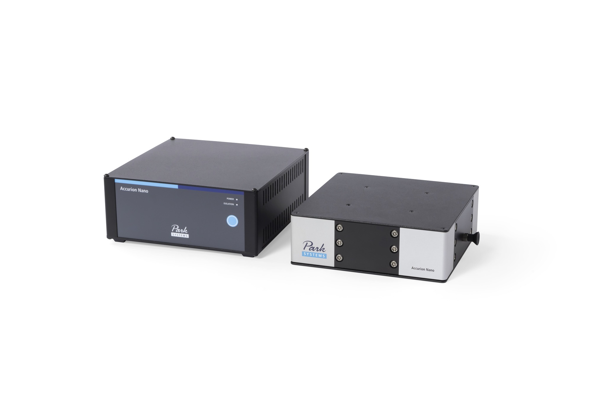 Park Systems Accurion Nano 20 and 30 active vibration isolation desktop unit, designed for lightweight applications such as scanning force microscopes, offering easy operation without load adjustment