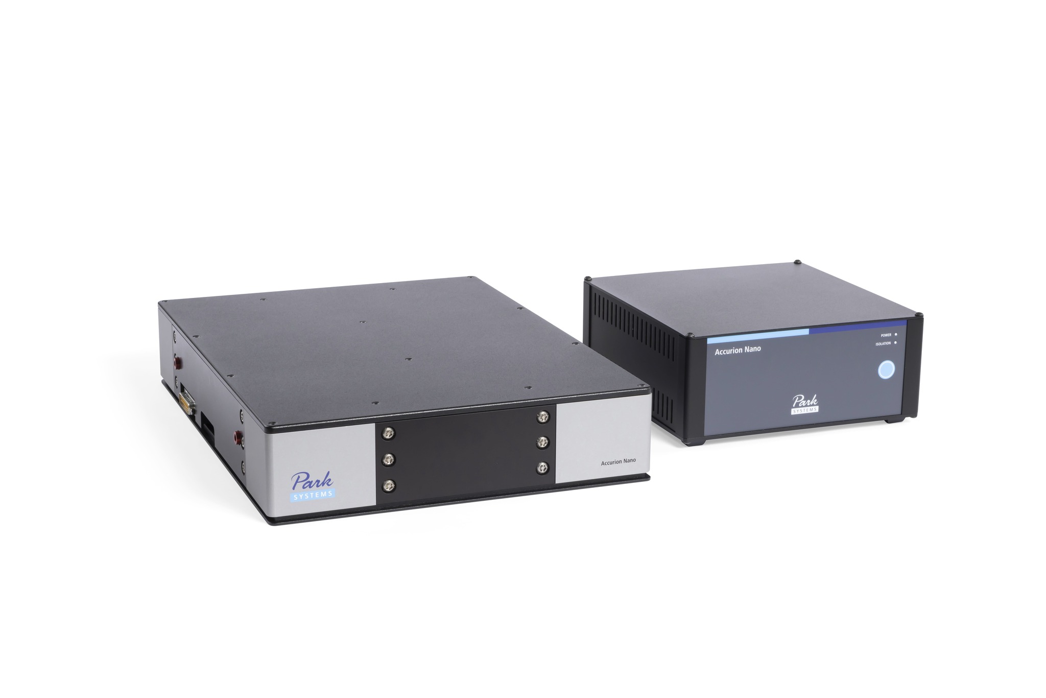 Park Systems Accurion Nano 30 active vibration isolation desktop unit, designed for lightweight applications such as scanning force microscopes, offering easy operation without load adjustment, right side
